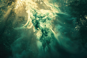 Poster - Ethereal smoke descends in a sunlit forest, creating a mystical and captivating atmosphere.