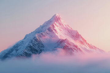 Aufkleber - A majestic, snow-covered mountain peak bathed in soft pink light, rising above a sea of ethereal clouds at sunset or sunrise.