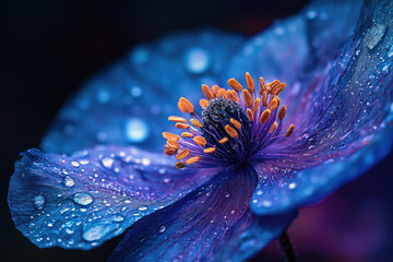Aufkleber - A mesmerizing close-up of a blue poppy flower with water droplets, showcasing intricate details and vibrant colors in sharp focus.