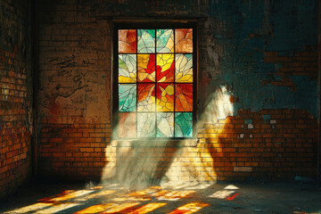 Poster - Sunlight streams through a colorful stained-glass window illuminating a weathered brick wall in an abandoned space.