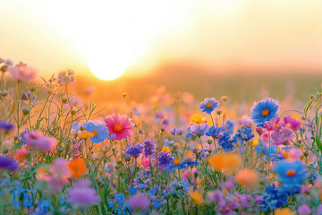Aufkleber - A vibrant field of wildflowers in full bloom basks in the warm glow of the setting sun.