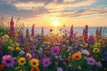 Poster - A vibrant field of wildflowers blooms by the ocean at sunset, bathed in warm golden light and colorful hues.