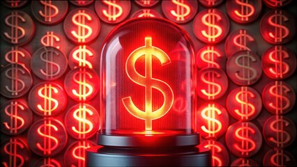 Poster - Glowing Warning Light with Dollar Symbols on Red Background