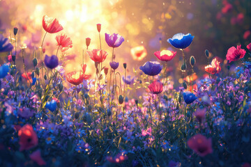 Aufkleber - A vibrant field of colorful wildflowers bathed in golden sunlight, creating a dreamy and magical atmosphere. Beautiful nature wallpaper.