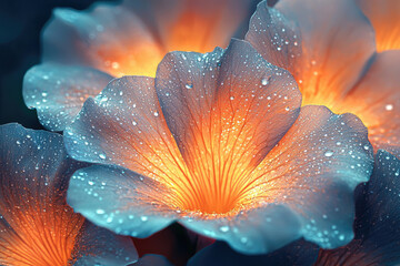 Poster - Close-up shot of luminous blue and orange flower petals covered in glistening water droplets, showcasing delicate texture and ethereal glow.