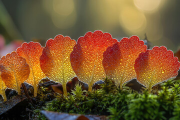 Poster - A macro shot showcases vibrant red and yellow umbrella-like fungi covered in dewdrops, illuminated by soft, diffused sunlight.