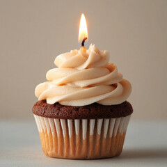 Poster - delicious cupcake with creamy frosting and lit candle on top, perfect for celebrations and special occasions. warm tones and inviting appearance evoke sense of joy and sweetness