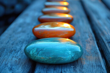 Poster - A line of smooth, colorful stones sit on a weathered wooden surface, reflecting warm sunlight.