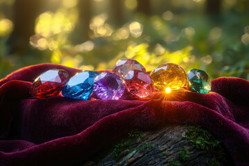Poster - A mesmerizing collection of colorful gemstones rests on plush velvet, basking in the warm glow of soft light.