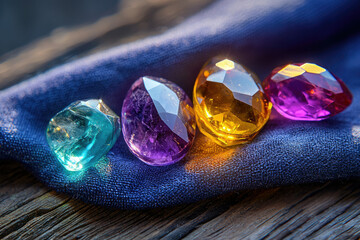 Poster - Four colorful, faceted gemstones in shades of blue, purple, yellow and red resting on a textured fabric background.