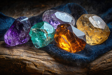 Poster - Collection of colorful gemstones including amethyst, citrine, and emerald on a textured surface, exhibiting brilliance and natural formations.
