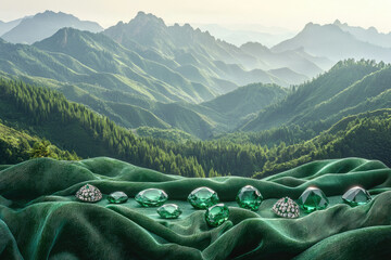 Aufkleber - Emerald gems displayed on green velvet fabric with lush mountain scenery in the background, showcasing natural beauty and luxury.