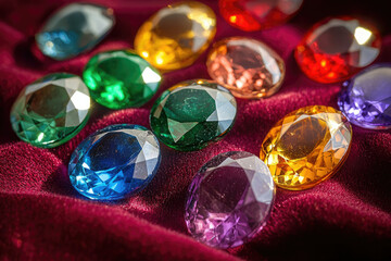 Poster - A collection of colorful, faceted gemstones scattered on a plush, deep-red velvet surface catches and reflects the light.