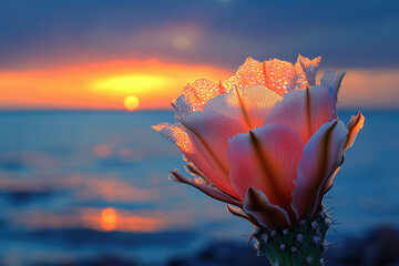 Aufkleber - Cactus flower blooms at dawn, adorned with dew drops, against a serene ocean and a vibrant sunrise.