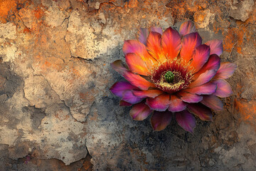 Poster - A vibrant flower with orange and purple petals resting against a textured, cracked, and weathered surface.