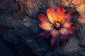 Poster - A vibrant lotus flower blooms amidst dark, textured rock, creating a striking contrast of color and form.