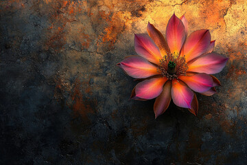 Poster - A radiant pink and orange flower blooms on a textured, dark, earthy, and abstract background, showcasing its delicate petals.