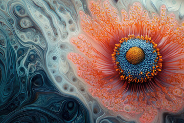 Poster - An abstract close-up of a flower with a swirling, marbled background in contrasting colors.