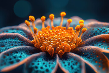 Poster - A captivating macro shot showcasing the intricate details of a vibrant flower with orange stamen and teal petals.