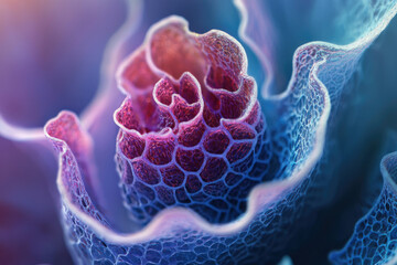 Poster - A captivating macro image reveals intricate cellular structures in hues of purple, red, and blue with delicate honeycomb patterning and organic folds.