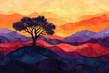 Poster - A solitary tree stands against a vibrant sunset landscape of rolling hills, rendered in a textured, mosaic-like style.