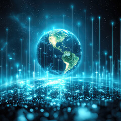 Poster - glowing digital representation of Earth surrounded by bright data streams, symbolizing technology and connectivity. image evokes sense of innovation and global communication