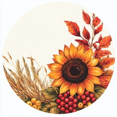 Poster - A Circular Autumnal Still Life: Sunflower, Wheat, Berries, and Colorful Foliage Accentuate the Harvest Season.