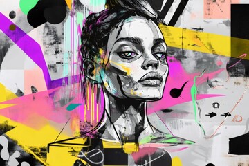 Poster - Black and white fashion model sketch overlaying vibrant abstract background featuring street art elements, geometric shapes, graffiti style brush strokes, scribbles