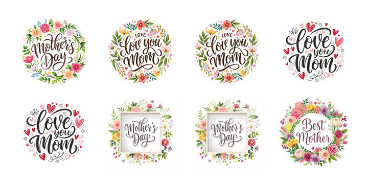 Happy mothers day calligraphy floral text isolated on transparent background