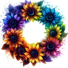 Poster - Colorful Sunflower Wreath on White Background: Artistic Floral Arrangement with Rainbow Colors and Watercolor Style