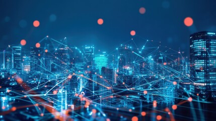 Poster - A futuristic cityscape illuminated by blue lights and network connections, conveying advanced technology and urban innovation.