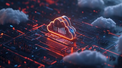 Poster - A digital illustration of a glowing cloud symbol connected to circuitry, representing cloud computing and technology integration.