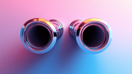 Poster - Two metallic, circular objects with glossy surfaces against a vibrant gradient background create a modern, abstract visual.