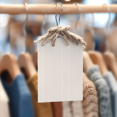 Poster - close up view of blank price tag hanging from rope, showcasing minimalist design. tag is displayed against blurred background of clothing items, evoking sense of retail and fashion