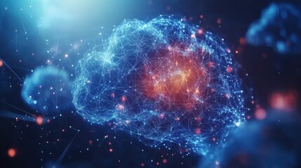 Poster - A digital representation of a brain, visualized with glowing networks and connections, symbolizing intelligence and technology.
