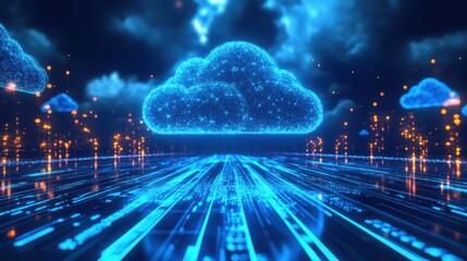 Poster - A futuristic digital landscape featuring glowing blue clouds and data streams, symbolizing cloud computing and technological innovation.