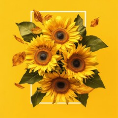 Poster - Golden Sunflowers in Square Frame with Autumn Leaves on Bright Yellow Background: a Warm, Autumnal Aesthetic.
