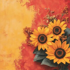 Aufkleber - Golden Sunflowers on Textured Background: Vibrant Floral Arrangement Against a Colorful, Artistic Backdrop