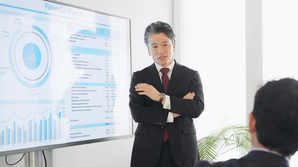 Aufkleber - 大型モニターを使ってプレゼンするミドルエイジ男性ビジネスパーソン