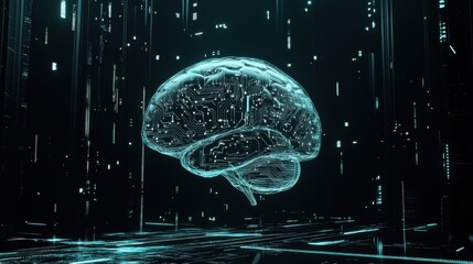 Poster - A digital brain composed of circuit patterns floats in a dark, futuristic environment, symbolizing technology and artificial intelligence.