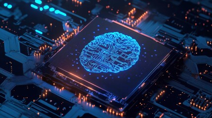 Poster - a close-up of a computer chip featuring a digital brain design, symbolizing artificial intelligence 