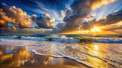 Wall Mural - golden hour ocean waves crashing on sandy shore during a dramatic sunset with vibrant clouds