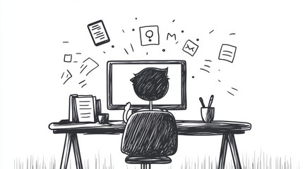 Poster - A person sits at a desk, focused on a computer screen, surrounded by floating icons representing digital content and communication.