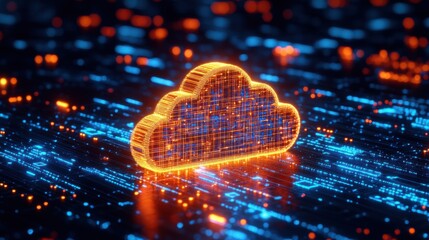 Poster - A glowing cloud icon surrounded by vibrant digital data streams, symbolizing cloud computing and data storage technology.