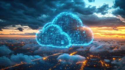 Poster - A digital cloud structure glows against a dramatic sunset, symbolizing technology and connectivity above a cityscape.