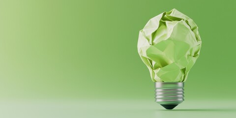 Poster - A crumpled green light bulb symbolizes eco-friendliness and creativity against a soft green background, Corporate Social Responsibility, CSR.