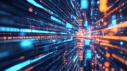 Poster - A dynamic, abstract representation of data flow, featuring vibrant blue and orange lights, suggesting speed and technology in a digital environment.