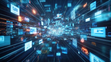 Poster - A dynamic digital landscape showcasing data streams and information flow through a network of colorful screens and vibrant effects.