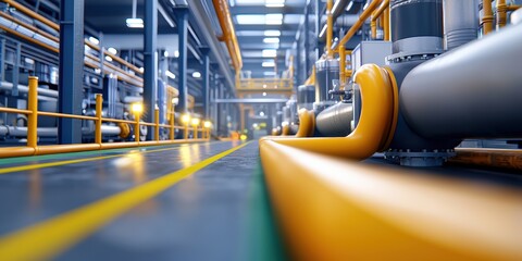 Poster - A vibrant industrial facility showcasing pipes, machinery, and a well-lit environment, emphasizing modern engineering and infrastructure, Corporate Social Responsibility, CSR.