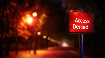 Poster - Night scene of a red Access Denied sign displayed on a post outdoors with blurred city lights in the background